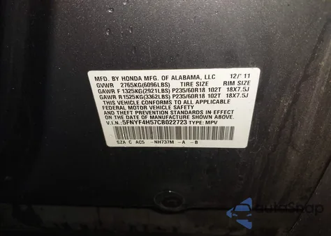 2012 Honda Pilot Ex-L z USA, uszkodzony, nr VIN 5FNYF4H57CB022723